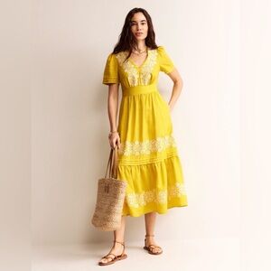 Boden Yellow V-Neck Dress with White Floral Embroidery